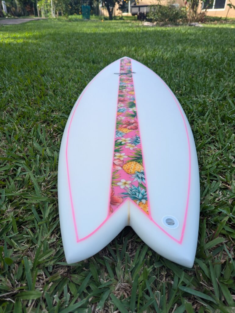 kauai_custom_surfboard_pink_flower_fabric_inlay